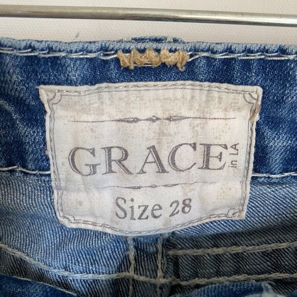 Grace In LA Bootcut Y2K Jeans Womens 28 Blue Thick Stitch Low Rise Flared Rock - Picture 4 of 11